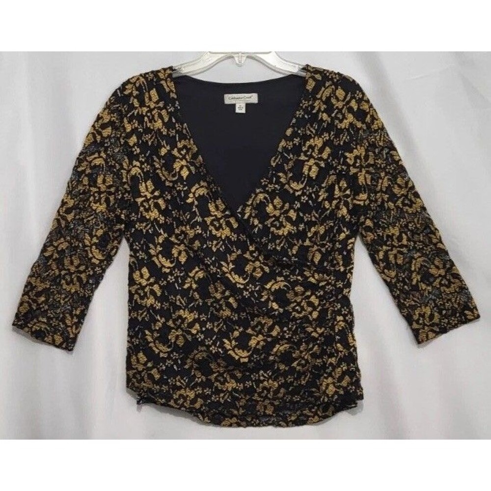 Coldwater Creek M Black Gold Lace Faux Wrap 3/4 Sleeve Sheer Blouse Top